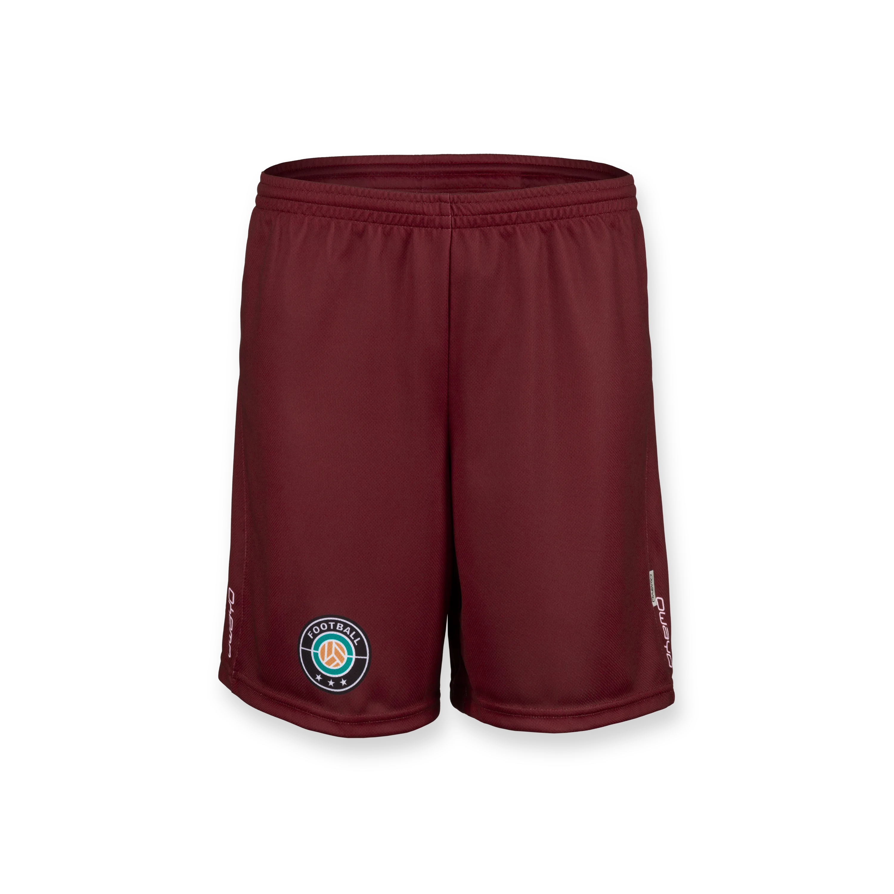 Short burgundy sports shorts featuring a football logo on the left leg.