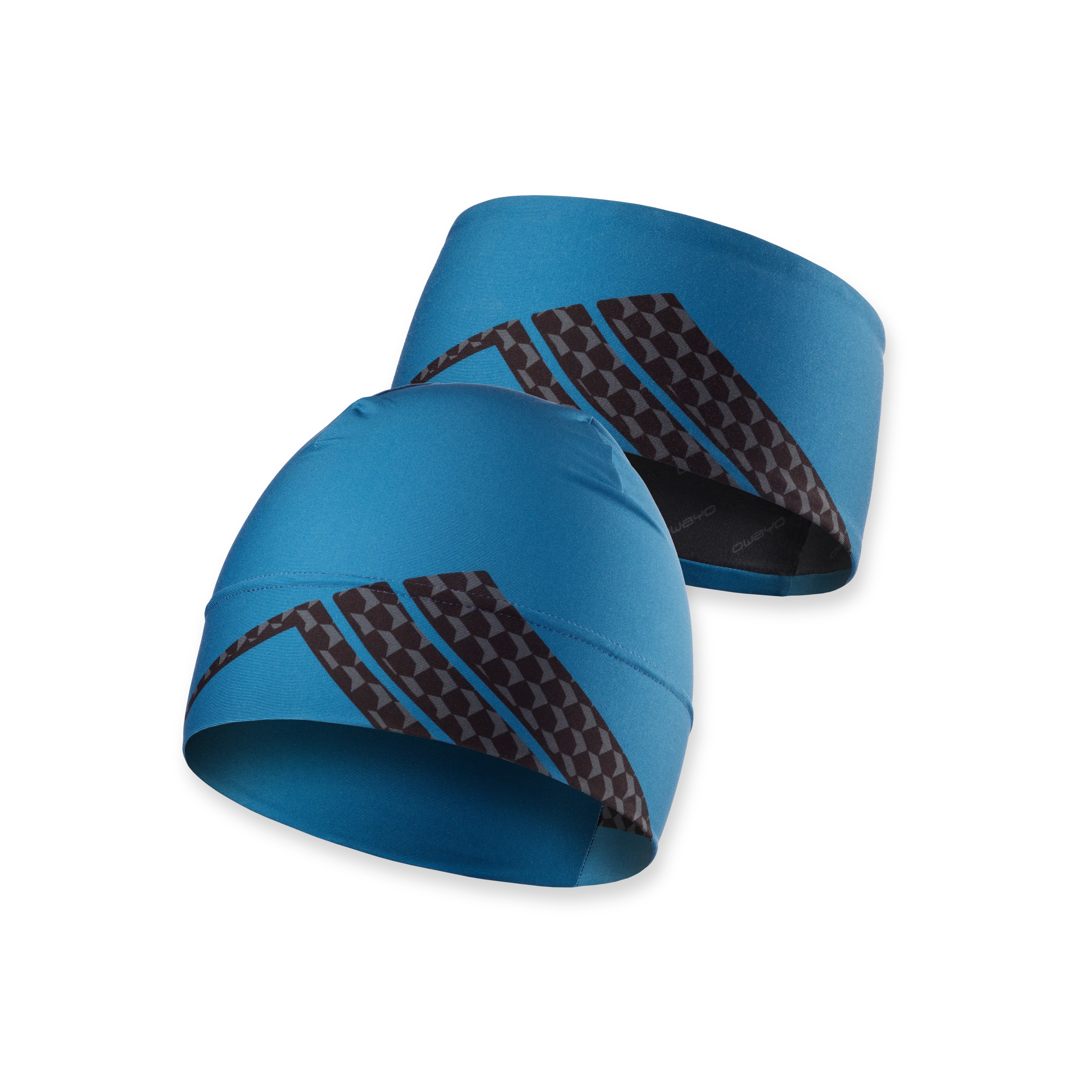 Two blue sports caps featuring a black geometric pattern.