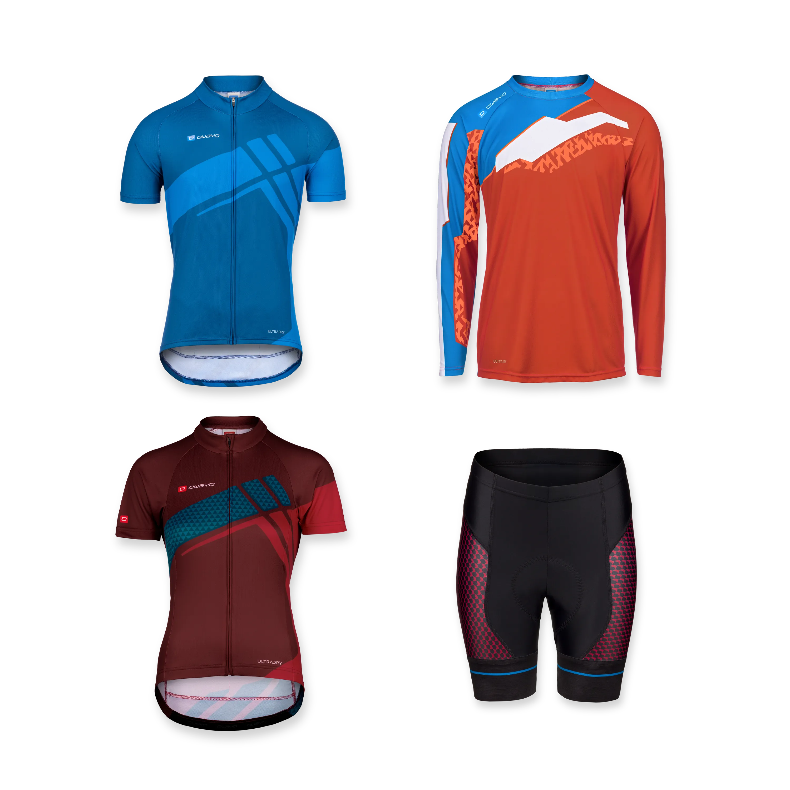 Four different sportswear items, including a blue short-sleeve jersey, a red long-sleeve jersey, a burgundy short-sleeve jersey, and black cycling shorts.