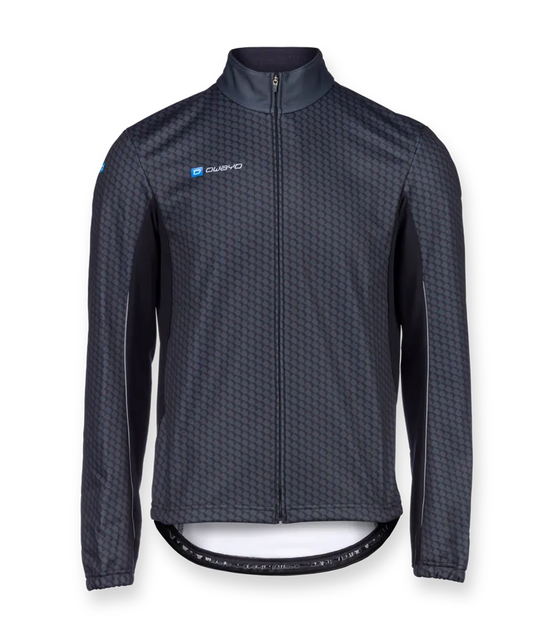 A dark, long-sleeved sports jacket with a full-length zipper and a geometric pattern, featuring the 'owayo' logo on the chest.
