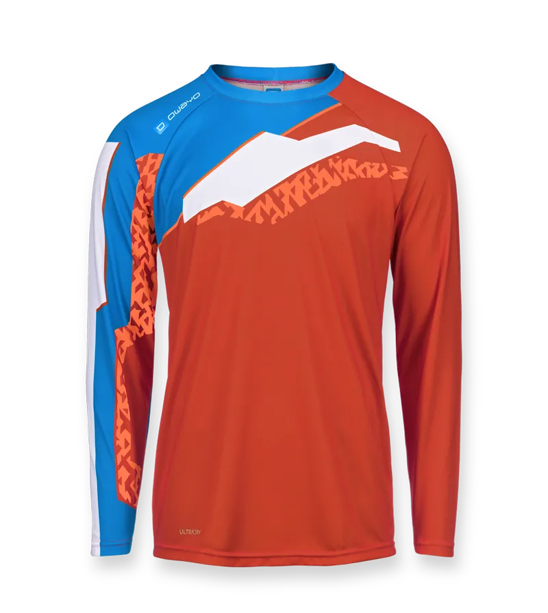 A long-sleeved mountain bike jersey in orange with blue and white accents and a geometric pattern on the chest and sleeves.
