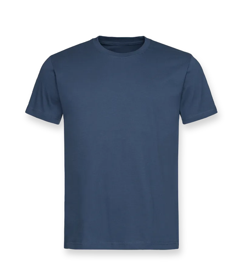 A dark blue, short-sleeved T-shirt with a crew neck.