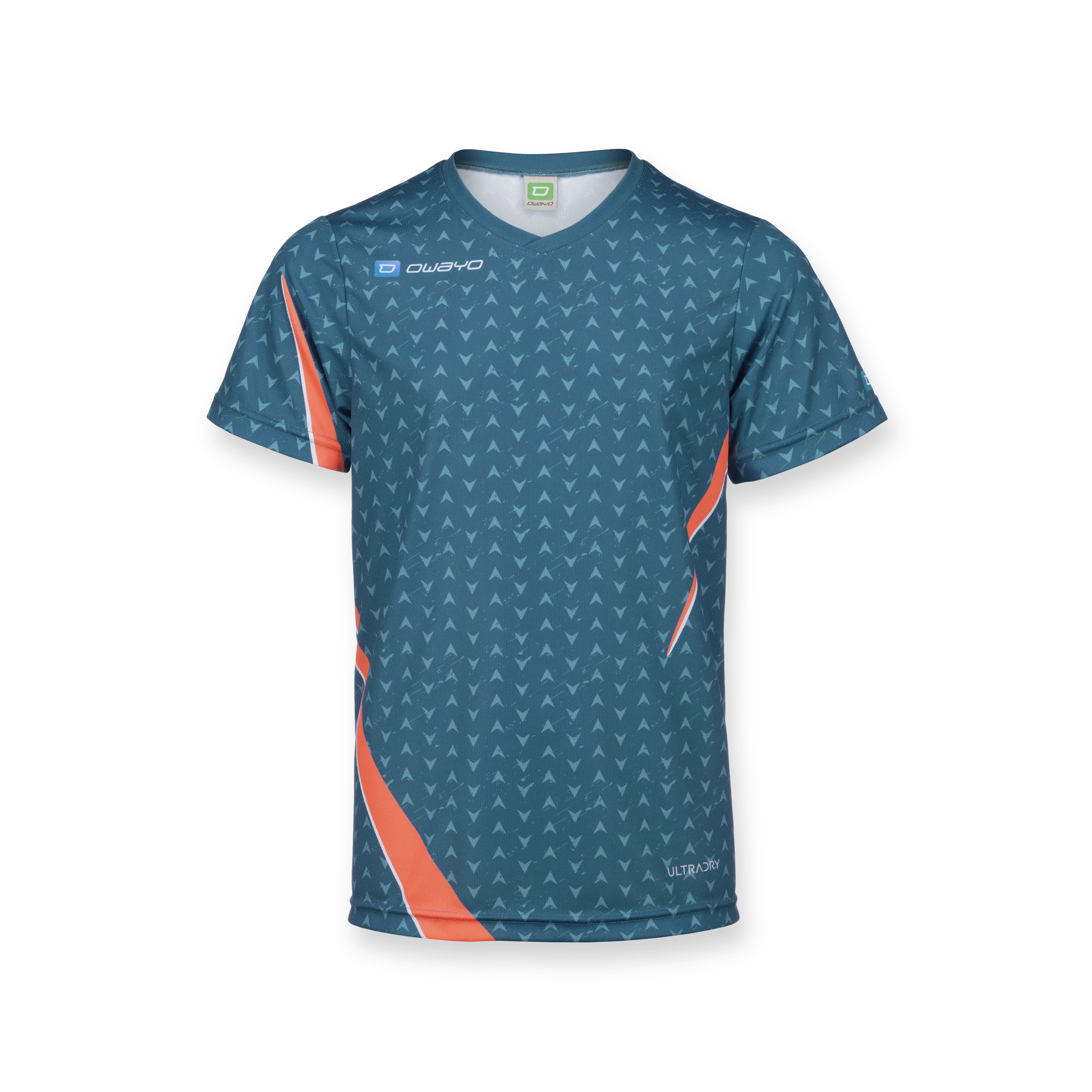 A sporty children's shirt in blue featuring a geometric pattern with orange accents.