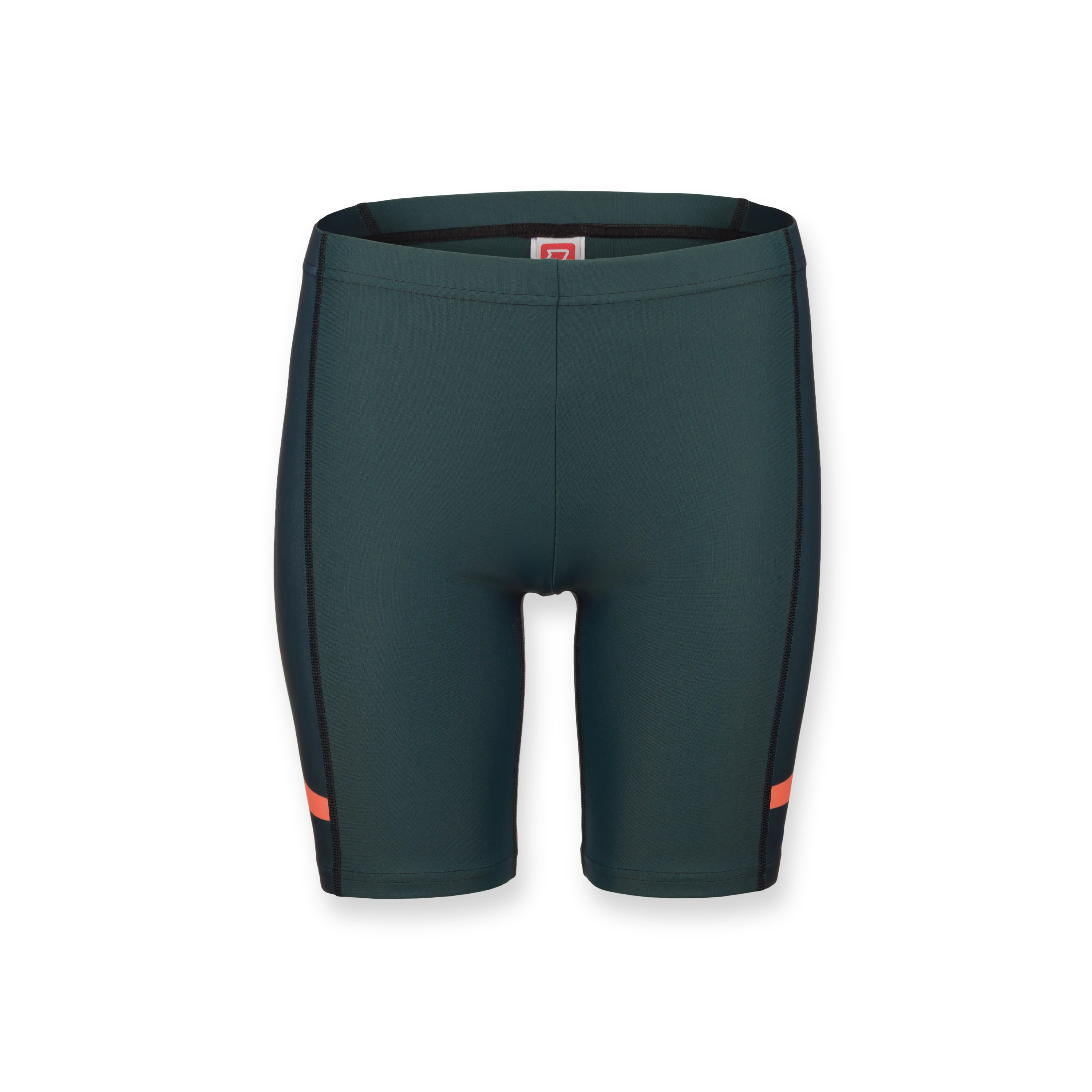 Dark green sports shorts featuring black side panels and an orange stripe.