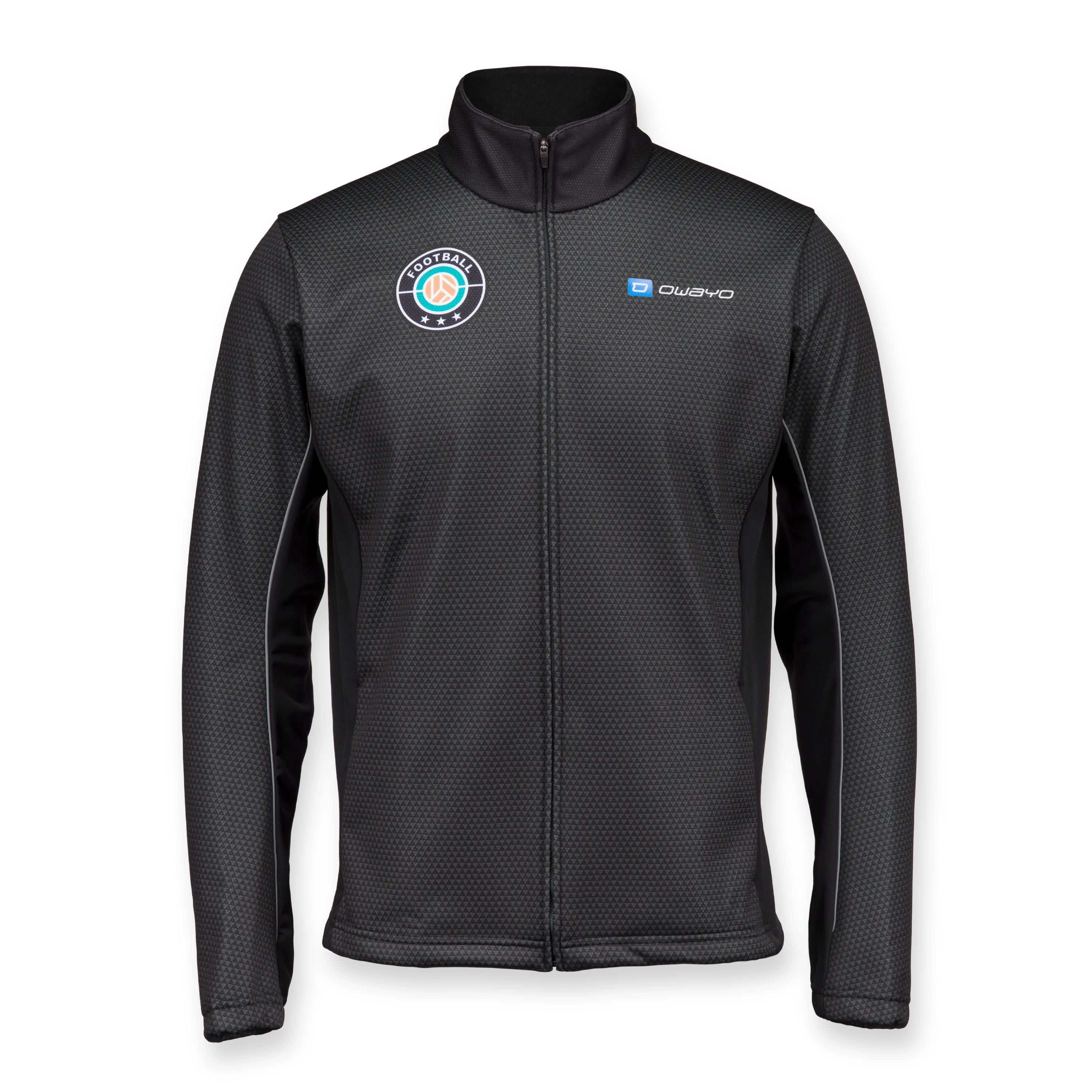 A black sports jacket with a zipper, high collar, and a textured pattern, perfect for football training.