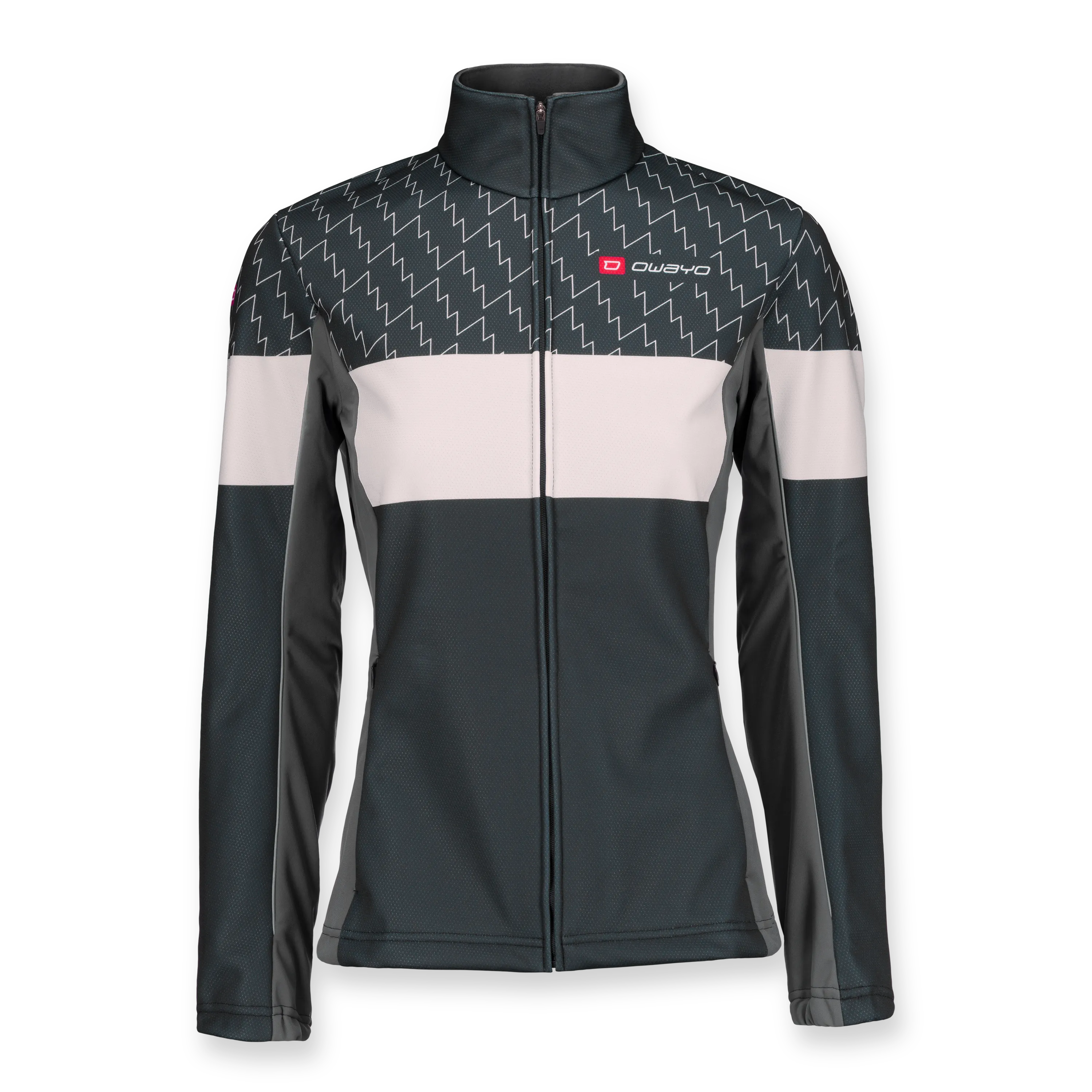 A sporty women's jacket featuring a modern design in black, white, and gray tones, with a high collar and full zip.