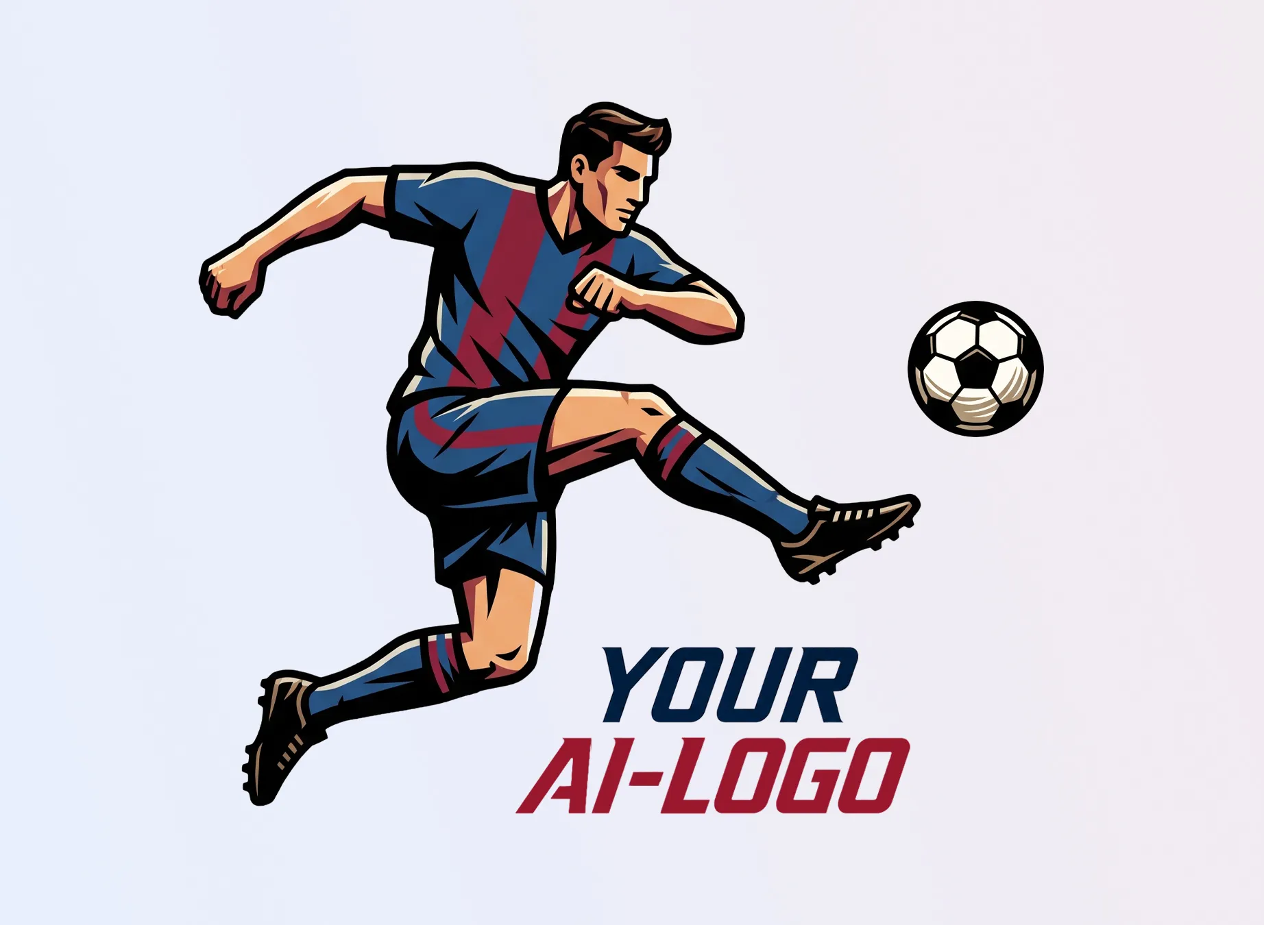 A stylized soccer player in a blue jersey with red stripes, kicking a soccer ball with his right foot.