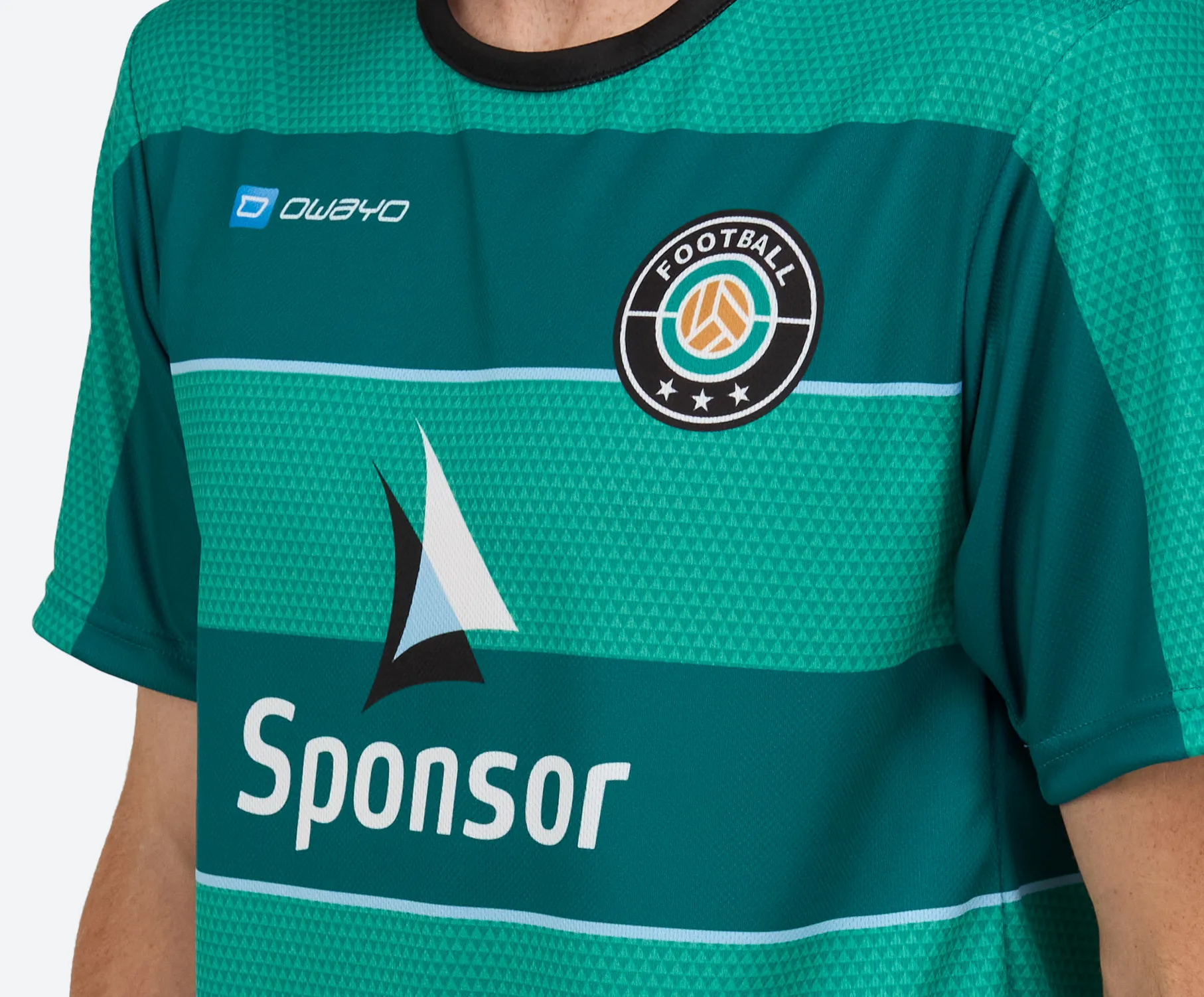 Green football jersey with diagonal patterns, logo, and sponsor print.