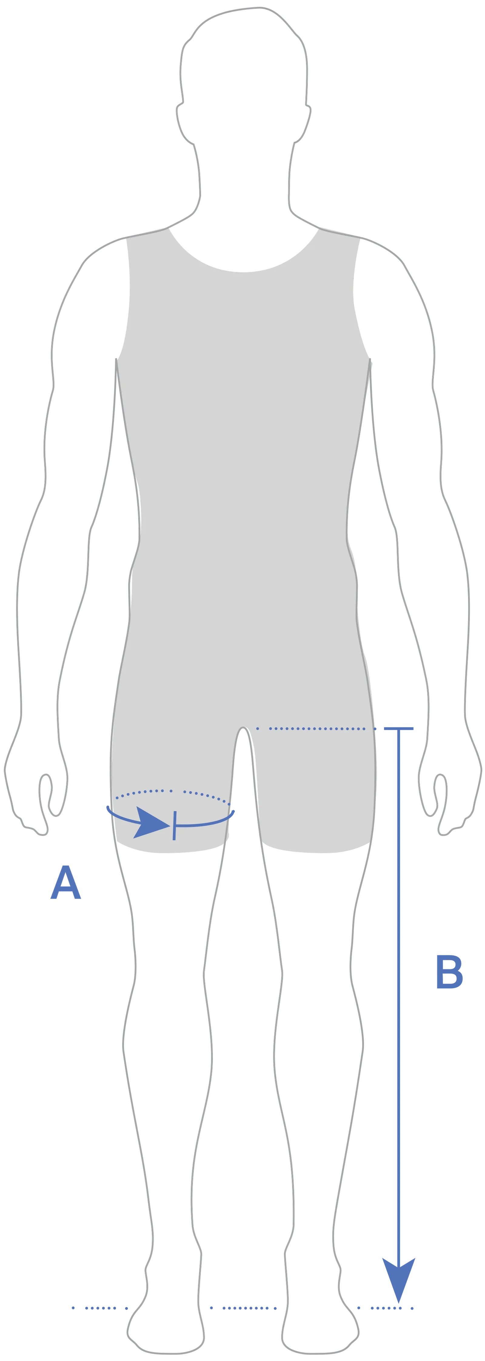 A schematic illustration of a person in sportswear with measurements for leg length and thigh circumference.