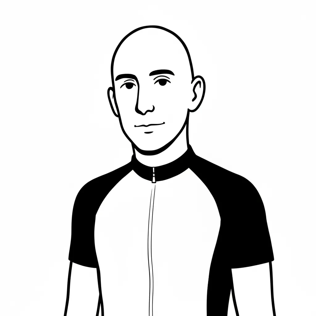 A black and white illustration of a man wearing a sporty, two-toned top with a zipper.