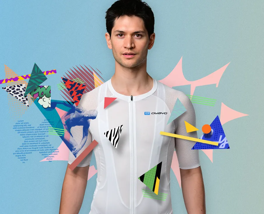 A man wears a white, short-sleeved athletic jersey with a zipper and the 'owayo' logo on the chest, surrounded by colorful geometric shapes.