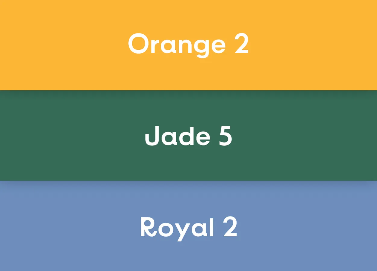 Three horizontal color blocks in orange, jade, and royal blue with the labels 'Orange 2', 'Jade 5', and 'Royal 2'.