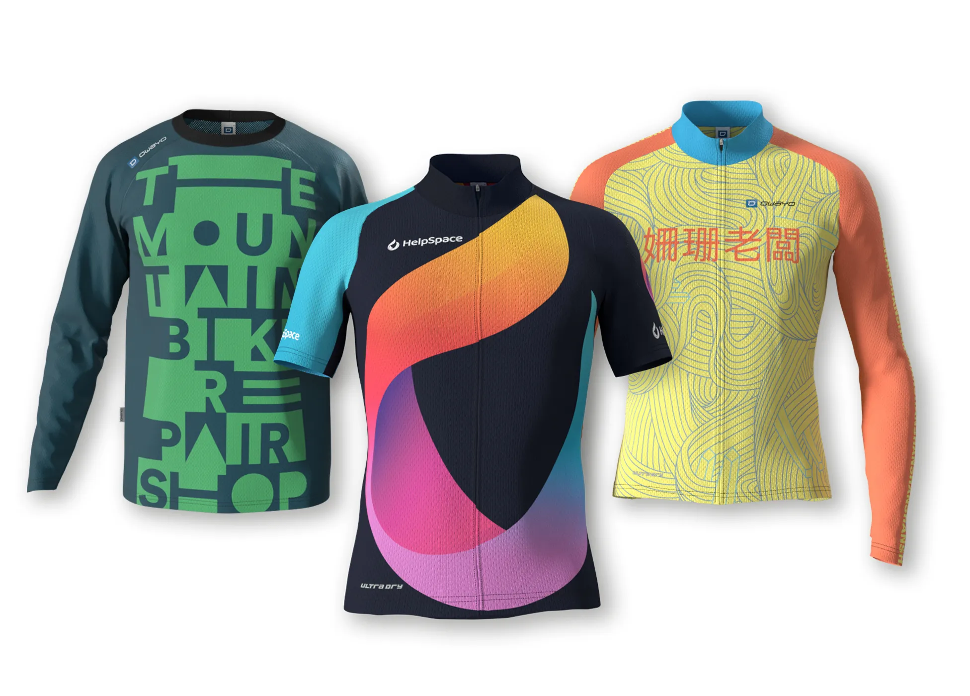 Three customized sportswear items from owayo: a long-sleeved dark blue shirt with a green 'MOUNTAIN BIKE REPAIR SHOP' design, a short-sleeved dark blue shirt with a colorful abstract gradient design in orange, pink, and purple, and a long-sleeved yellow shirt with a blue line pattern and Chinese characters.