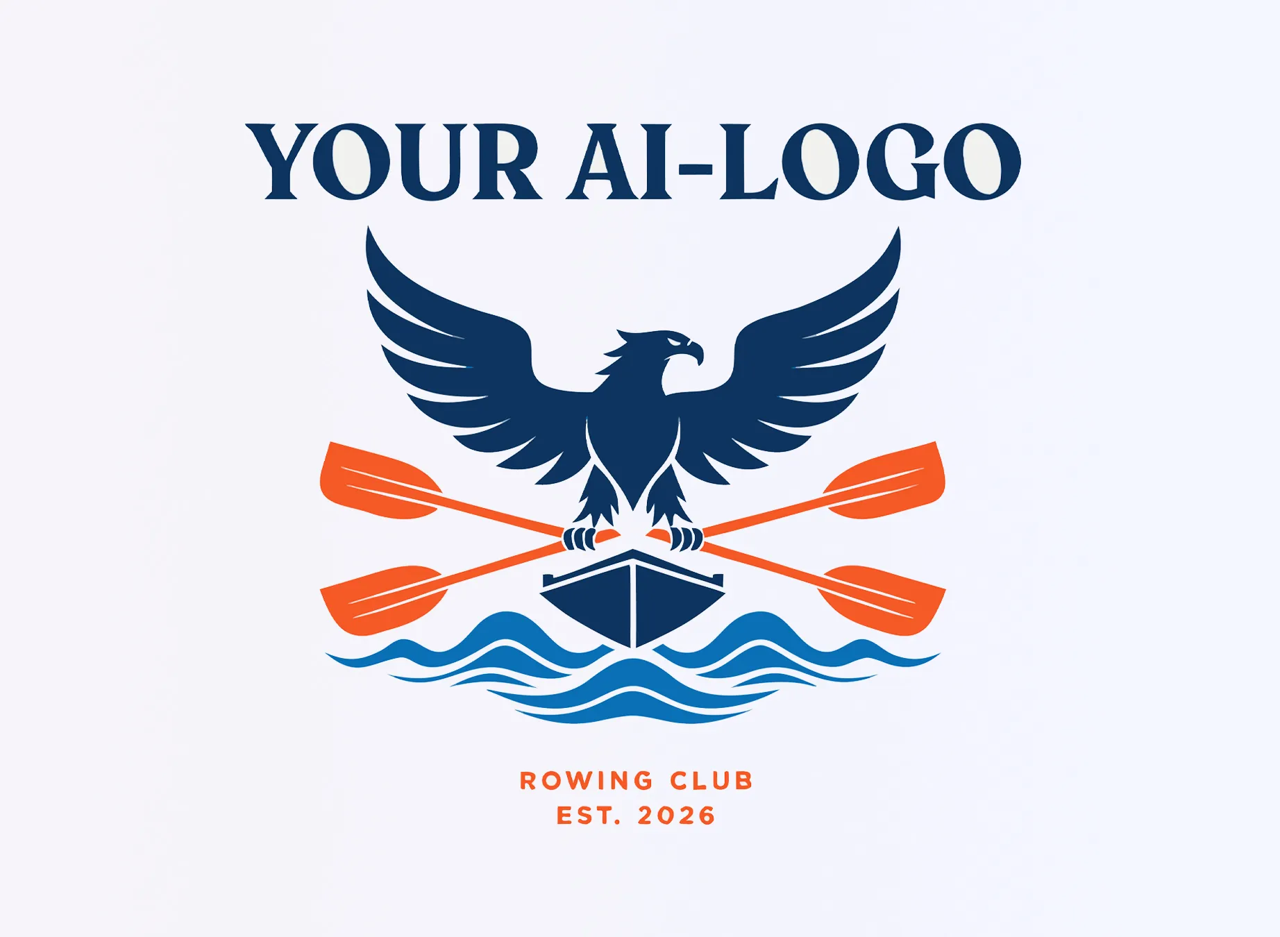 A logo featuring an eagle above a boat and oars, with waves in the background and the text 'YOUR AI-LOGO' above.