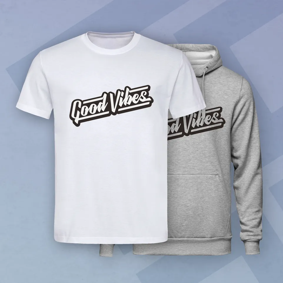 A white t-shirt and a grey hoodie with the 'Good Vibes' print from owayo.