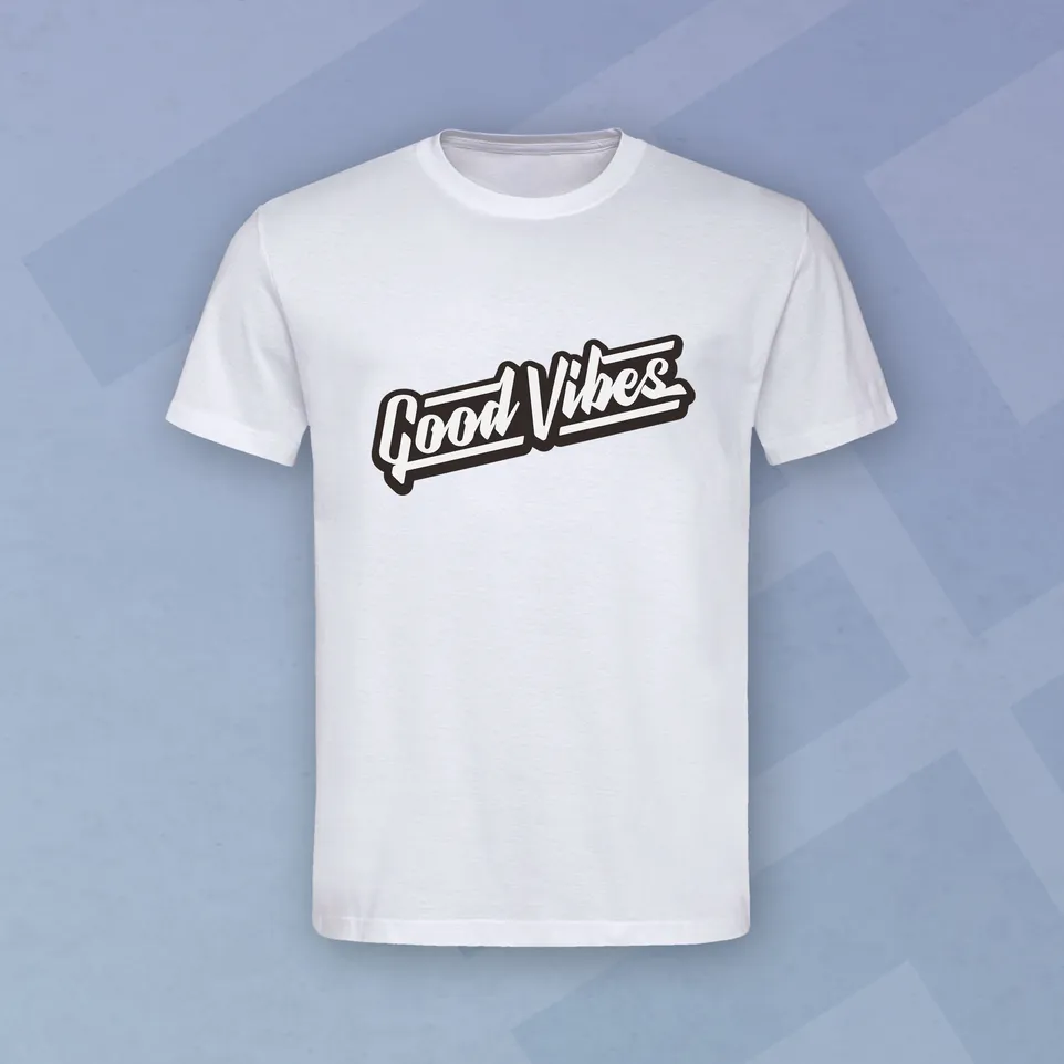 A white t-shirt featuring the text 'Good Vibes' in a stylized font.